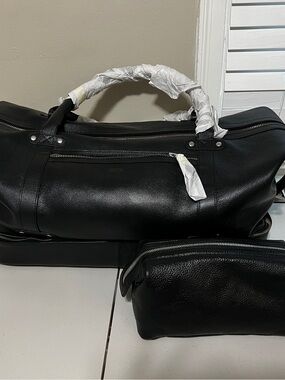 Mark & Graham Black Leather Duffel with Matching Pouch